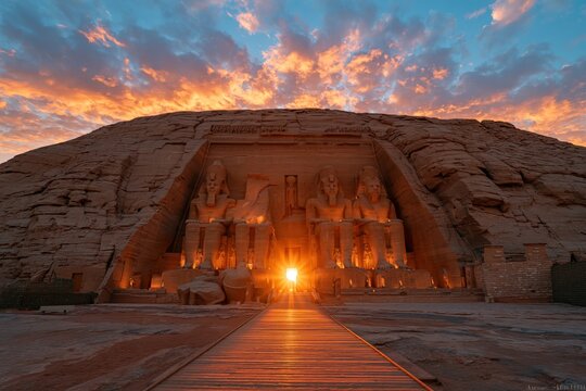 Sunrise at Abu Simbel with rock statues and clouds in the background