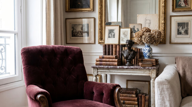 Romantic parisian salon with burgundy velvet armchair, gilded frames, bust and antique books
