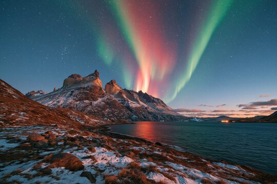 Northern lights shine above mountains and waters in Torres del Paine National Park during night sky
