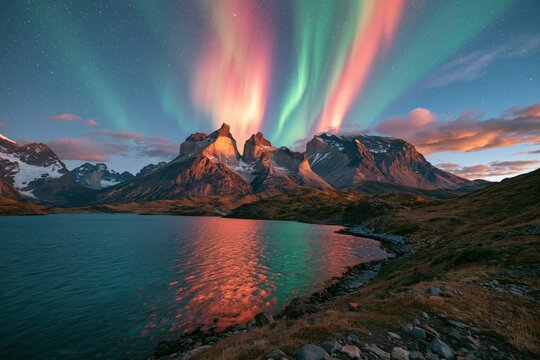 Colorful northern lights over mountains and lake at dusk in Torres del Paine National Park, Chile