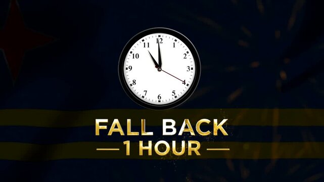 Daylight saving time concept with wall clock and fall back one hour text over Aruba flag background