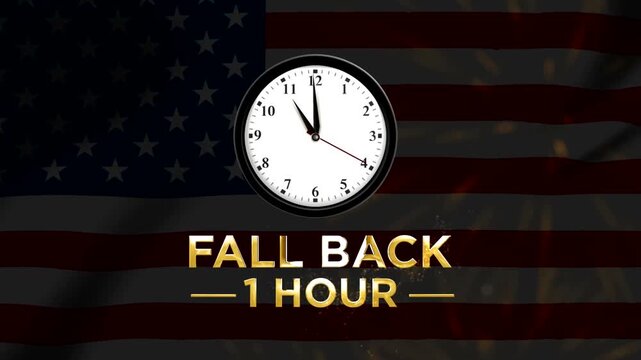 Daylight saving time concept with wall clock and fall back one hour text over American flag background