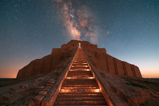 Stairs leading up to ancient structure under clear night sky with stars and the Milky Way in background