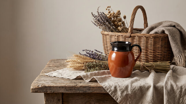Humble rustic still life with brown jug, wicker basket, dried lavender and wheat on linen
