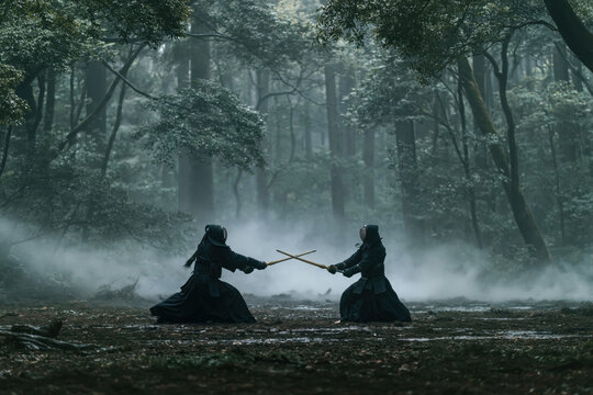 Two figures practice sword fighting in a forest during early morning with mist and tall trees around