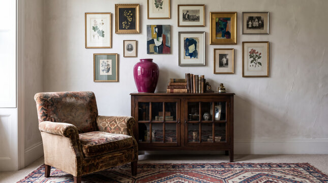 Cozy eclectic sitting room with vintage armchair, glass cabinet, magenta vase and kilim rug