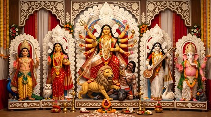 Fototapeta premium Traditional durga puja pandal display with goddess durga with saraswati ganesha kartikeya