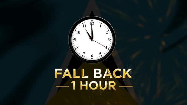 Daylight saving time fall back one hour concept with classic clock and glowing golden text on triangular background