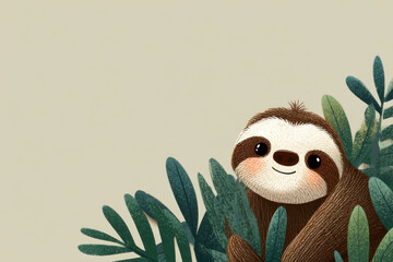 Fototapeta premium Smiling sloth hiding in the rainforest vegetation