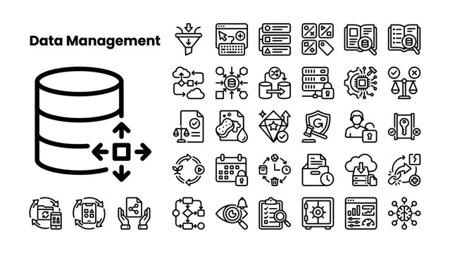 Data Management Icons: A collection of clean, modern icons representing various aspects of data management, including databases, analytics, security, and cloud storage.