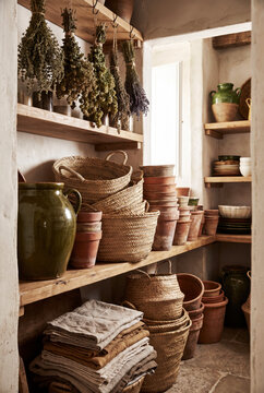 Timeless rustic larder with woven baskets, olive glaze jar, terracotta pots and folded linens