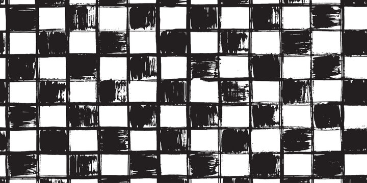 Abstract hand drawn black and white checkerboard pattern grunge checkered texture background vector illustration.