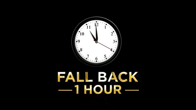 Daylight saving time fall back one hour concept with classic clock and gold glowing text design