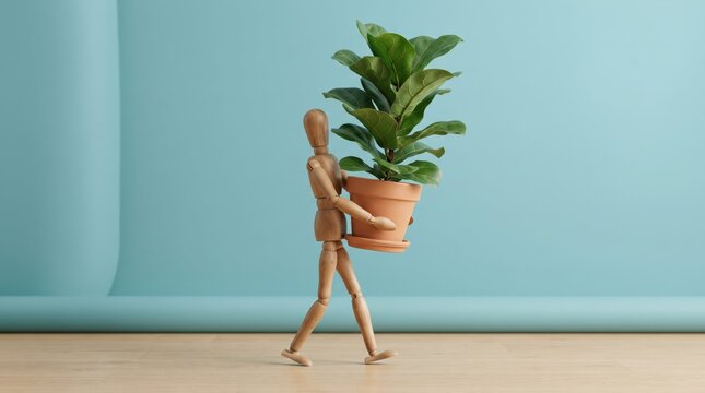 Wooden figure carrying large potted plant