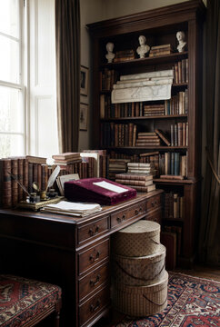 Scholarly antique study with mahogany desk, tall bookcase, classical busts and hatboxes