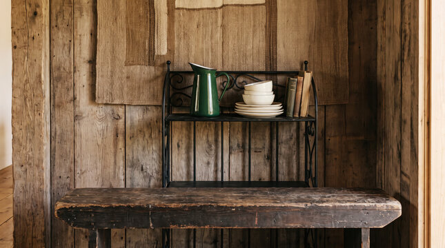 Hushed rustic interior with weathered barn wood wall, wooden bench and green enamel jug