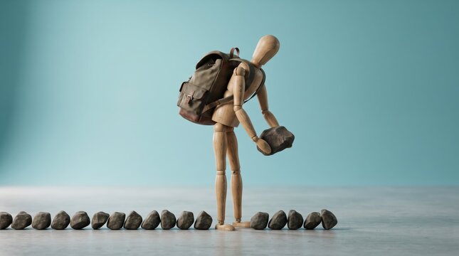 Wooden figure hiking with backpack on rocky path