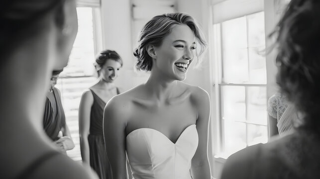 Bride getting ready with bridesmaid in bright room, smiling woman in wedding dress