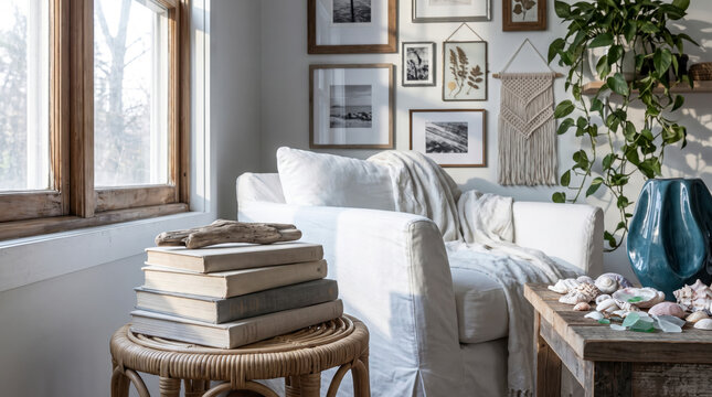Relaxing coastal living room with white slipcovered sofa, seashells, books and blue vase