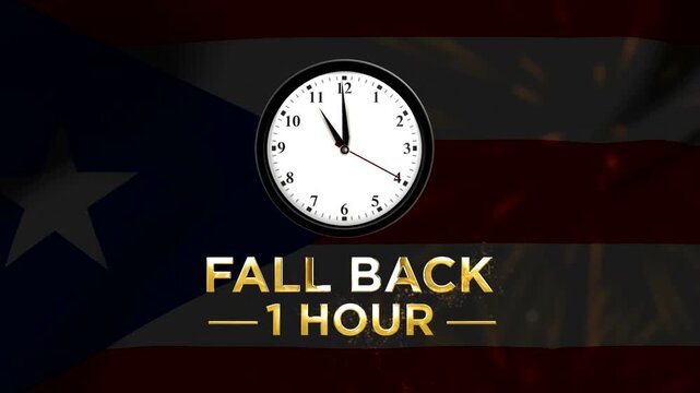 Daylight savings time concept with wall clock and fall back one hour gold text against American flag background