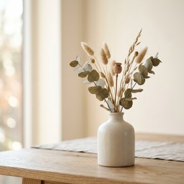 Minimalist arrangement of dried flowers featuring eucalyptus, bunny tail grass, and poppy seed pods in a white ceramic vase on a wooden table with soft natural light indoors.