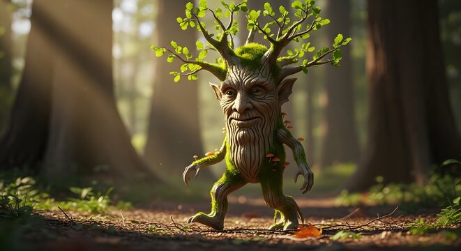 Whimsical forest spirit with face on trunk walking through sunlit woodland path during autumn
