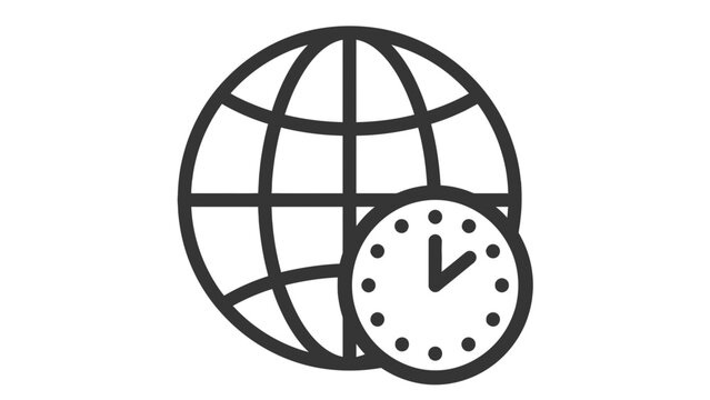 Minimalist black globe icon featuring a bold watch overlay representing global time management, international business scheduling, and worldwide punctuality concepts