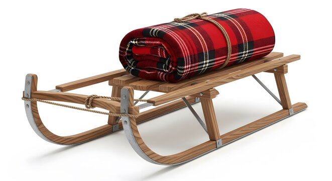 Wooden sled with rolled tartan blanket tied with twine during winter on white background