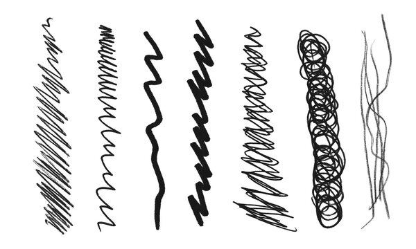 Hand drawn black pencil strokes and scribble lines isolated on transparent background