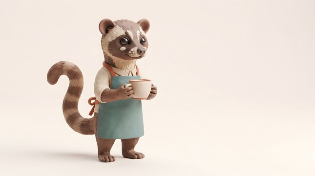 AI-generated cute Asian palm civet barista character crafted as a handcrafted clay sculpture with natural facial markings, rounded ears, and curved tail.
