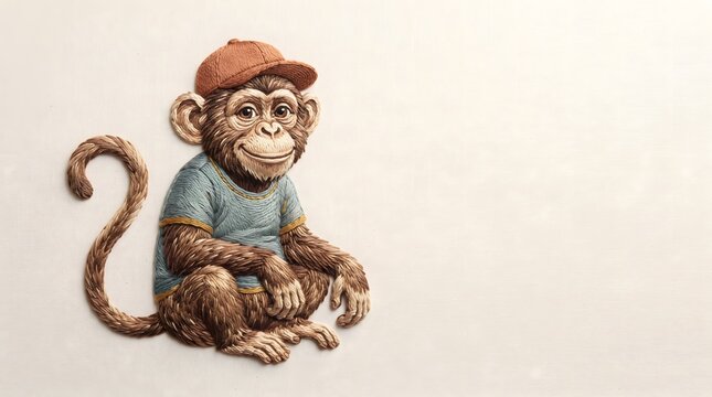 AI-generated monkey character wearing a plain t-shirt and simple cap, depicted as intricate hand-embroidered textile art with visible individual threads.