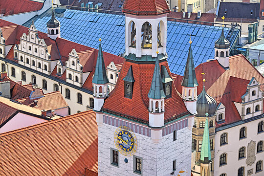 Close up of the historic Altes Rathaus tower with clock face in Munich, Bavaria, Germany
