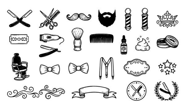 Barbershop Doodle Razor Beard Mustache Comb Scissors and Vintage Salon Design Elements