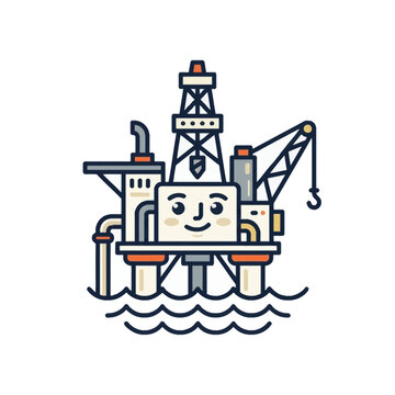 Cute Offshore Oil Rig Platform Mascot Character Standing Above Ocean Waves Vector Illustration Isolated on White Background