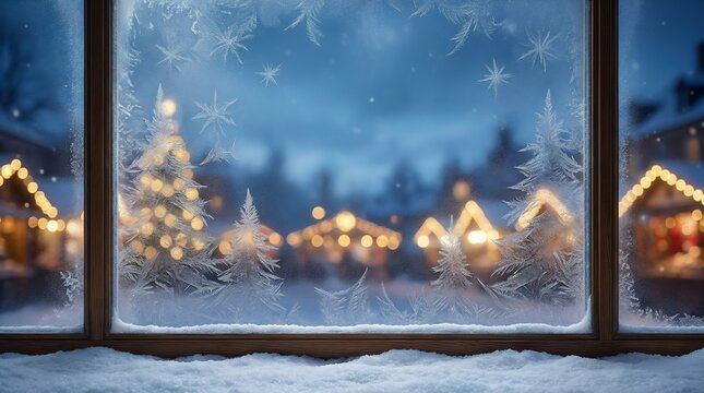 Frosted Christmas Window with Warm Golden Lights and Winter Atmosphere