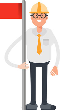Architect Character Holding Flag Pole
