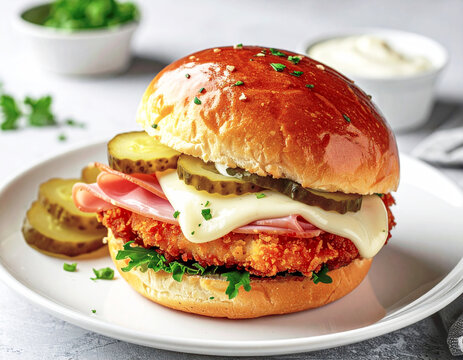 Brioche bun with a chicken cutlet, deli ham, American cheese, pickles and mayo, diner style. AI