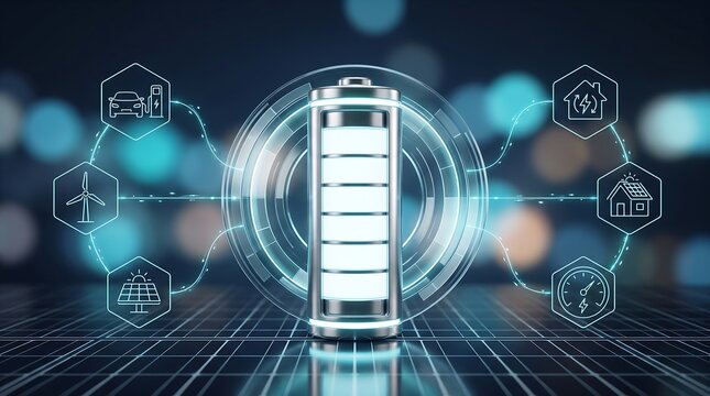 Futuristic 3d render of glowing lithium ion battery cell surrounded by digital icons representing renewable energy sources and smart power grid management systems for sustainable technology