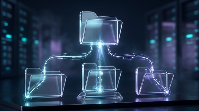 Digital folder hierarchy visualized with glowing connections linking multiple transparent folders in a dark tech environment