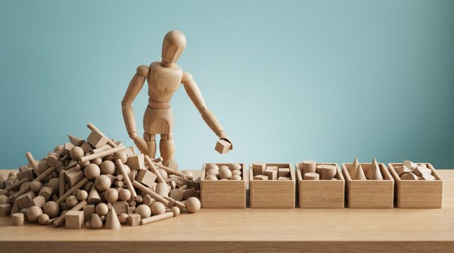 3d cartoon man organizing colorful boxes and toys