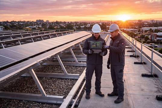 Two Engineers Inspecting Commercial Rooftop Solar Panels with Digital Tablet at Sunset