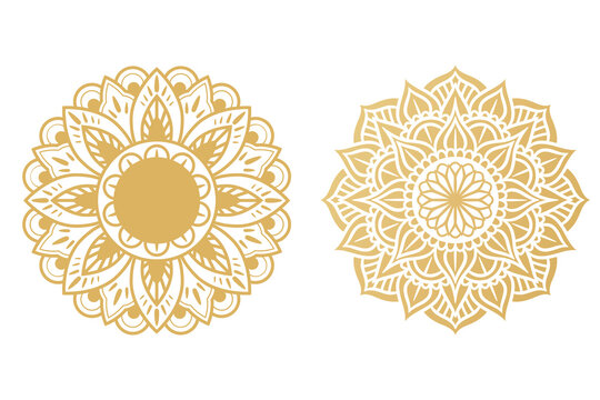 Gold ornate mandala pair, intricate floral pattern transparent PNG