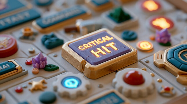 Top down view of golden purple square console button labeled critical hit surrounded by fantasy game controls and glowing symbols with empty space