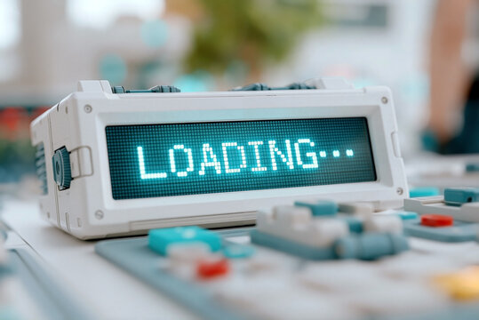 Top down close up of cyan led display showing loading text on retro computer console with mechanical buttons in control room environment