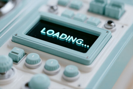 Top down close up of cyan led display showing loading text on retro computer console with mechanical buttons in control room environment
