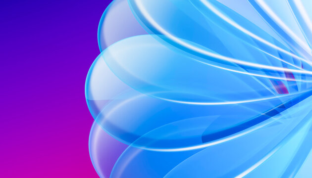 Cropped blue glass petal 3D abstract wallpaper on purple gradient