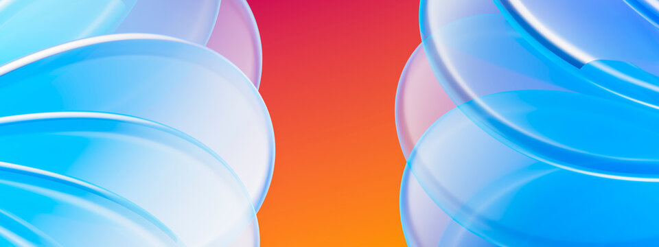 Twin blue glass form 3D abstract background with orange center