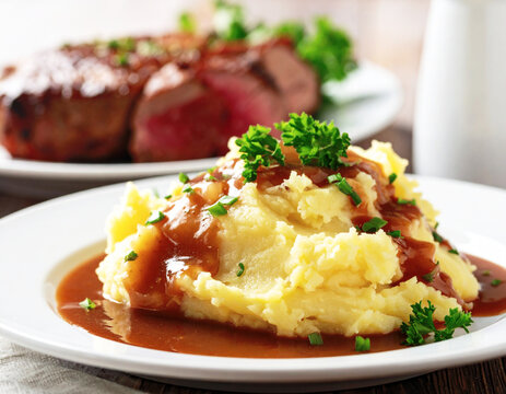 Homemade mashed potatoes with gravy, white plate, closeup. AI