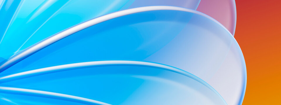 Macro blue glass ribbon 3D abstract wallpaper with orange contrast