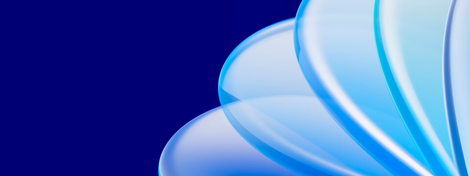 Blue glass petal edge 3D abstract wallpaper with dark copy space